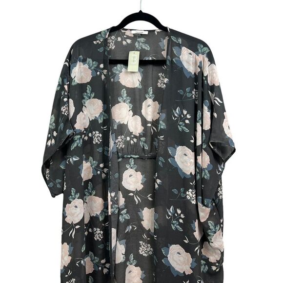 Maurices Womens Kimono Floral Semi Sheer Open Front Short Sleeves Gray Size L-XL - Picture 2 of 5